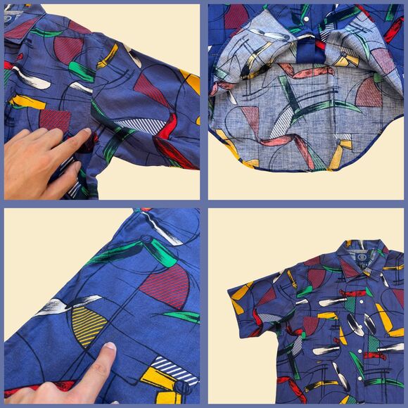 1990s abstract mens shirt, size M vintage 90s blue, red & green short sleeve top - Picture 10 of 10